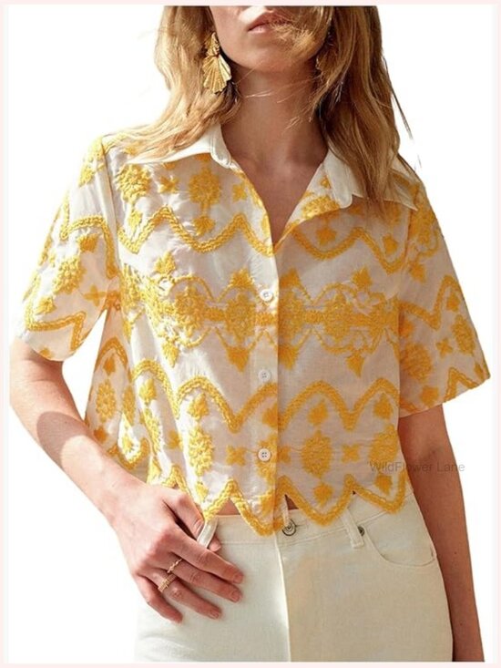 Tops - Short Sleeve Button Down Crop Blouse with Floral Embroidery